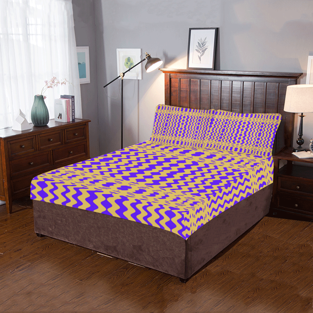 Purple Yellow Modern  Waves Lines 3-Piece Bedding Set