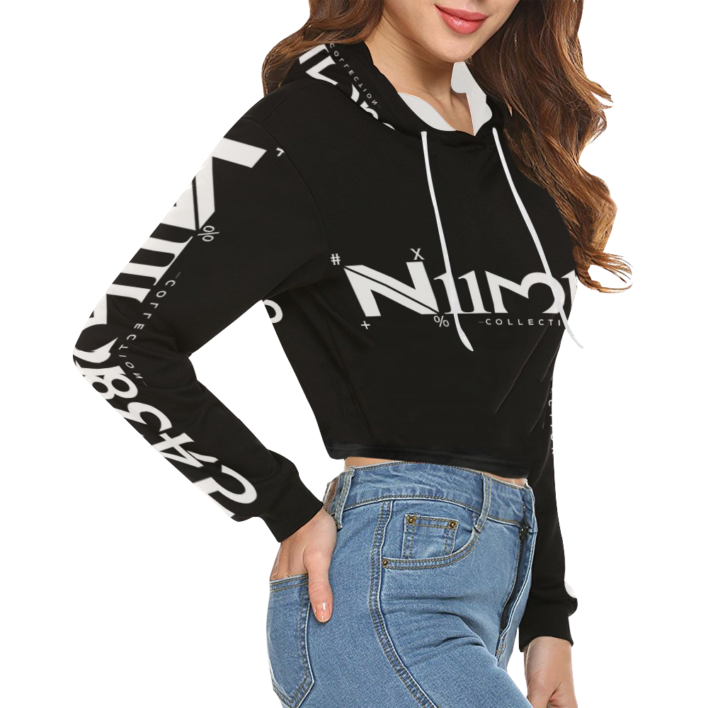 NUMBERS Collection LOGO Black/White All Over Print Crop Hoodie for Women (Model H22)