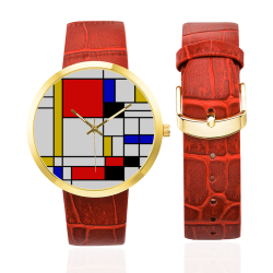 Bauhouse Composition Mondrian Style Women's Golden Leather Strap Watch(Model 212)