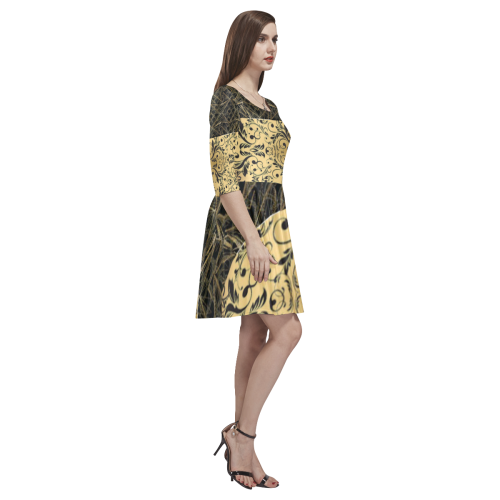 seamless gold and floral print half sleeve skater dress by Fipstylez Designs Tethys Half-Sleeve Skater Dress(Model D20)