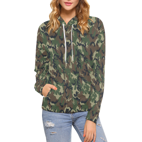 Woodland Forest Green Camouflage All Over Print Hoodie for Women (USA Size) (Model H13)