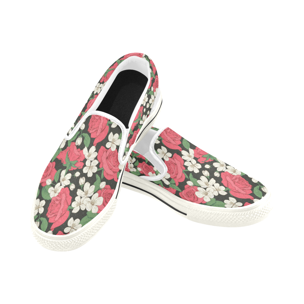 Pink, White and Black Floral Women's Slip-on Canvas Shoes/Large Size (Model 019)