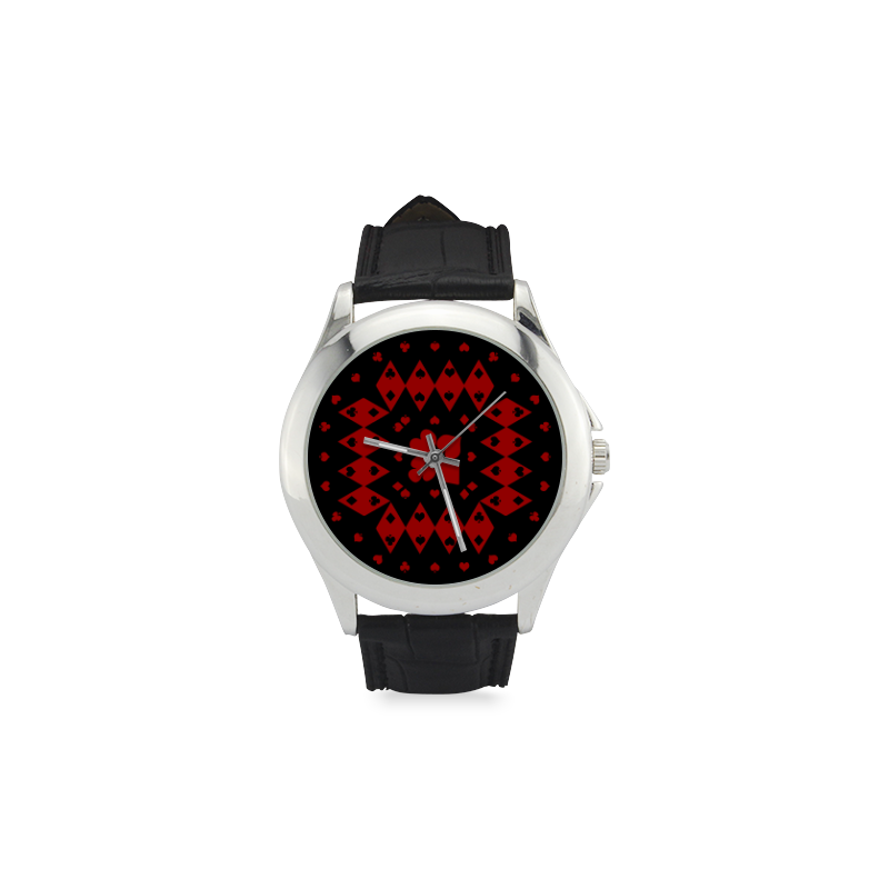 Black and Red Playing Card Shapes Round on Black Women's Classic Leather Strap Watch(Model 203)