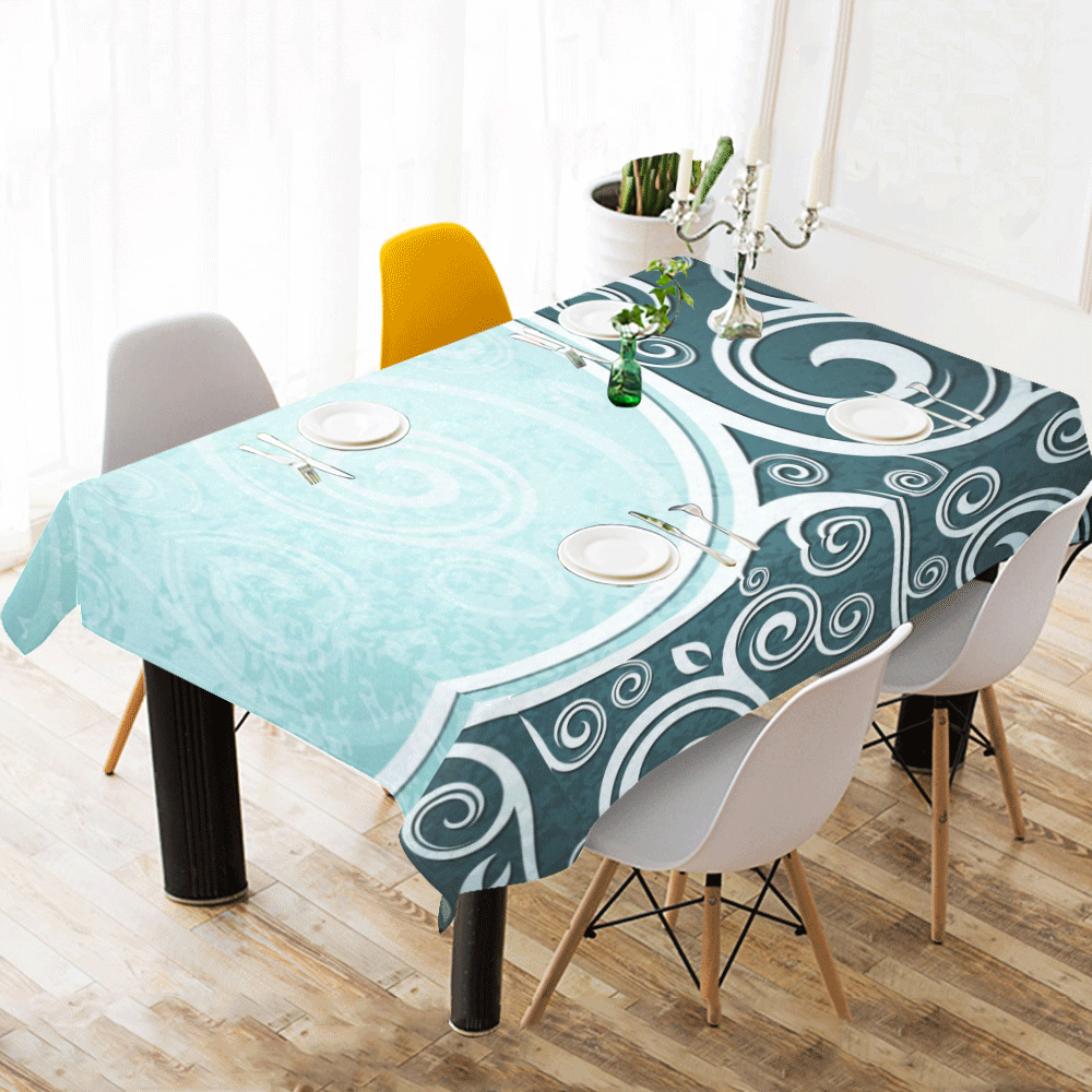 Abstract-Vintage-Floral-Blue Cotton Linen Tablecloth 60"x 104"