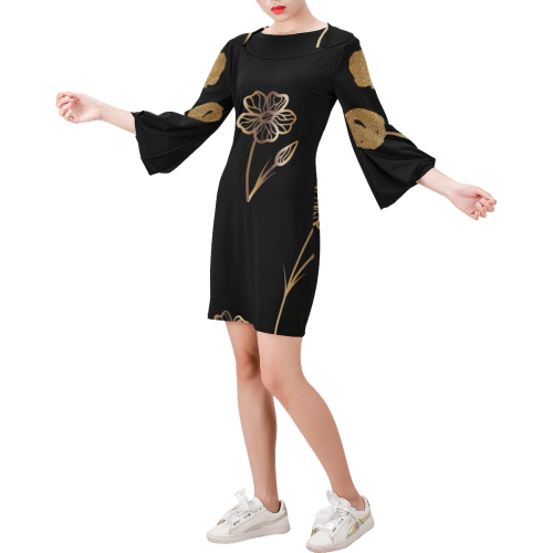 Floral Gold Bell Sleeve Dress Bell Sleeve Dress (Model D52)