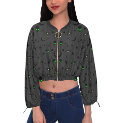 Alien Flying Saucers Stars Pattern on Charcoal Cropped Chiffon Jacket for Women (Model H30)