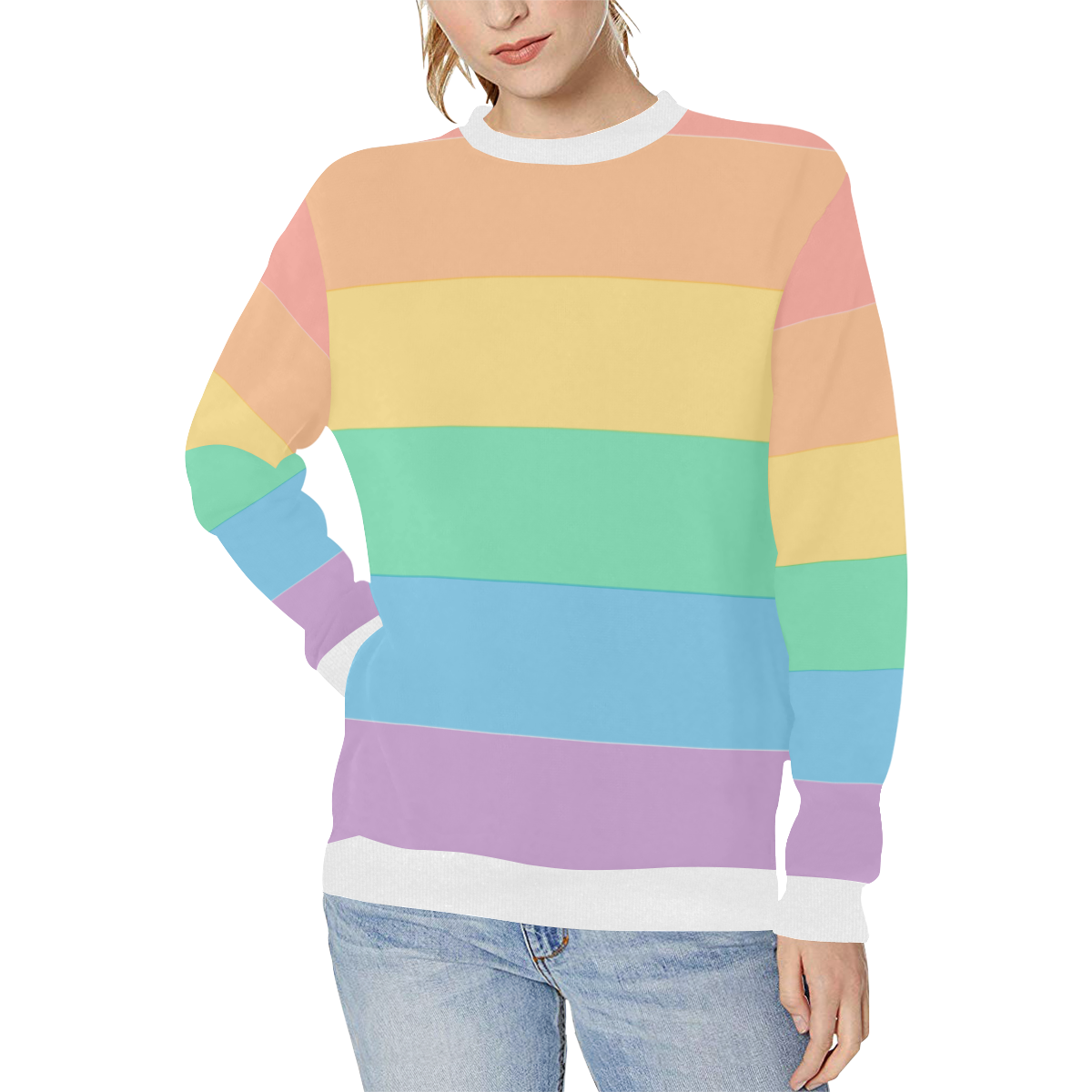 Rainbow white Women's Rib Cuff Crew Neck Sweatshirt (Model H34)