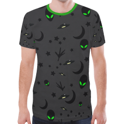Alien Flying Saucers Stars Pattern on Charcoal/Green Trim New All Over Print T-shirt for Men/Large Size (Model T45)