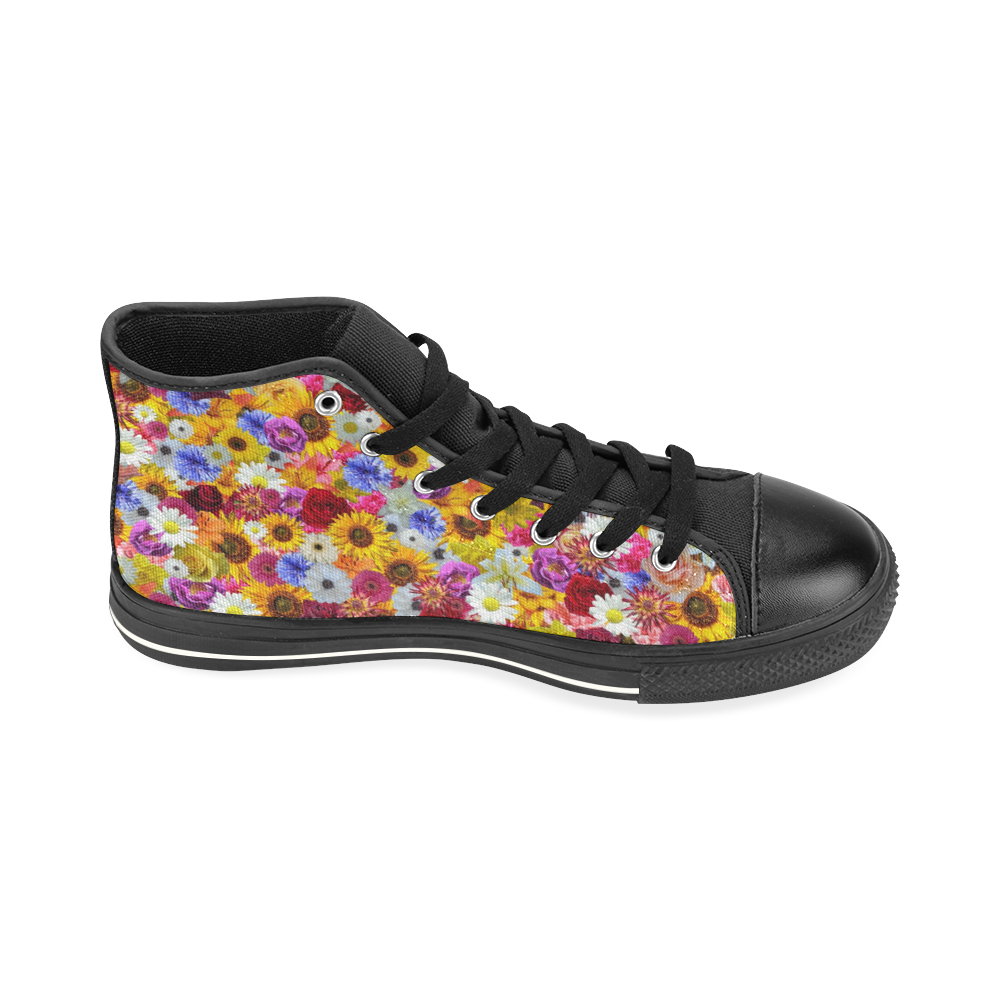 Multi Flowers Black High Top Canvas Shoes for Kid (Model 017)