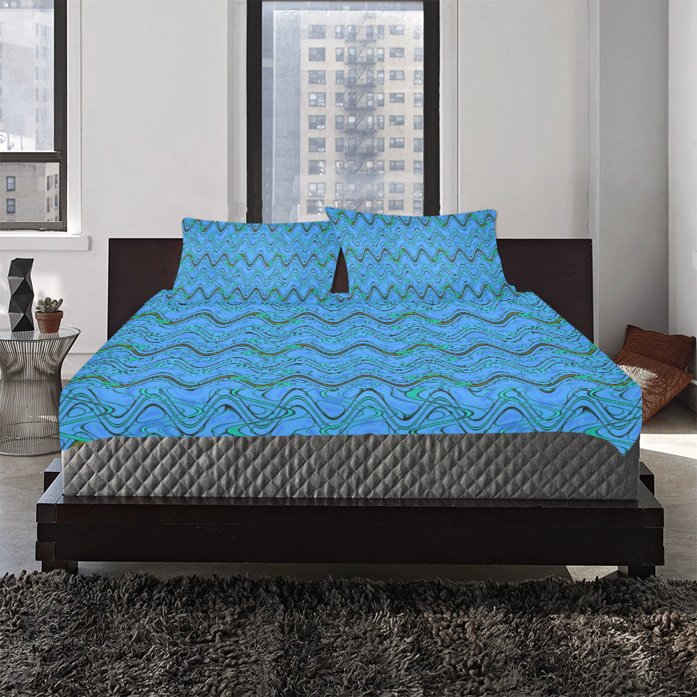 Blue Green and Black Waves pattern design 3-Piece Bedding Set