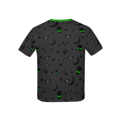 Alien Flying Saucers Stars Pattern on Charcoal/Green Trim Kids' All Over Print T-Shirt with Solid Color Neck (Model T40)