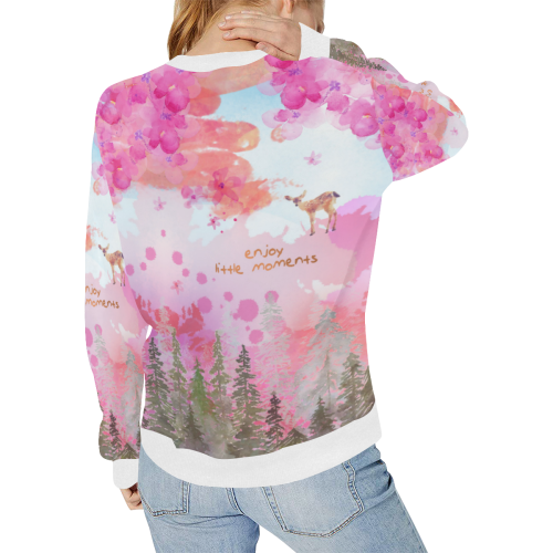 Little Deer in the Magic Pink Forest Women's Rib Cuff Crew Neck Sweatshirt (Model H34)