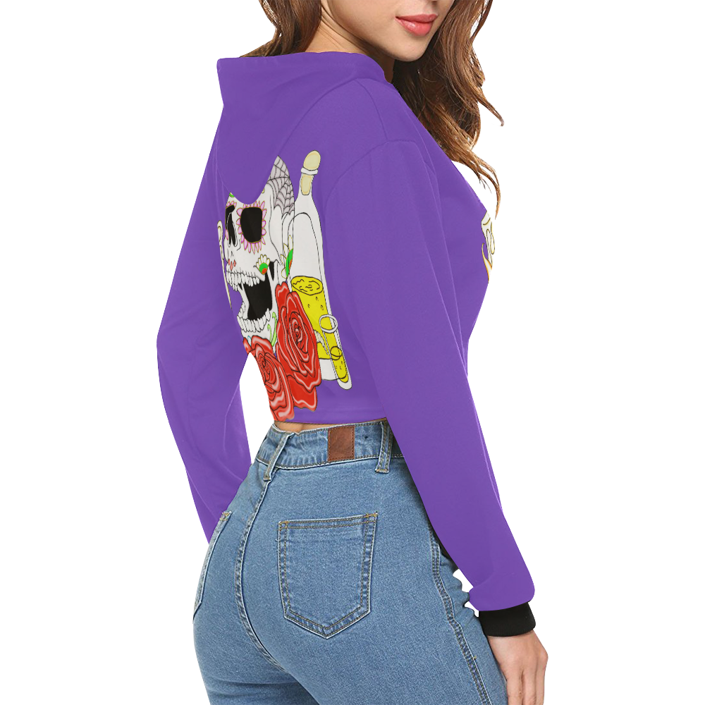 Day Of The Dead Sugar Skull Purple All Over Print Crop Hoodie for Women (Model H22)