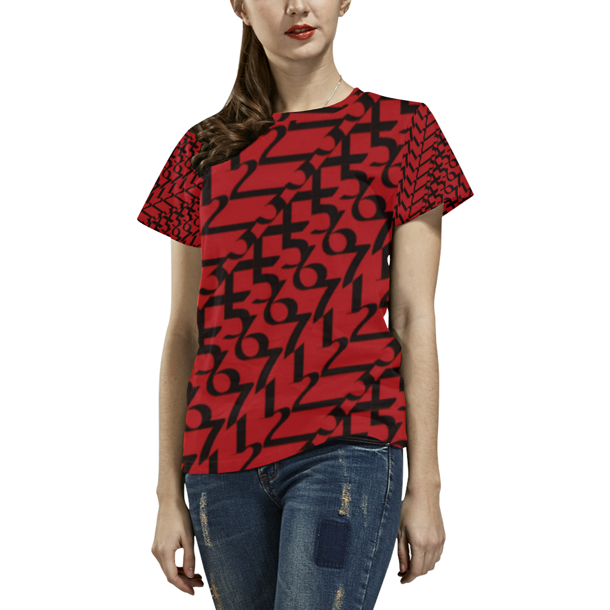 NUMBERS Collection 1234567 RED/BLACK All Over Print T-Shirt for Women (USA Size) (Model T40)