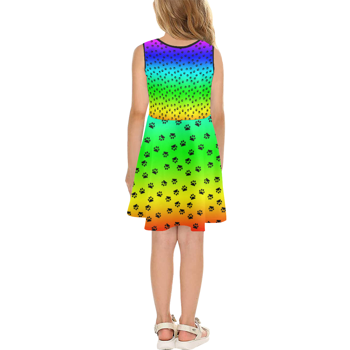 rainbow with black paws Girls' Sleeveless Sundress (Model D56)