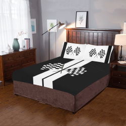 Race Car Stripe, Checkered Flags, Black and White 3-Piece Bedding Set