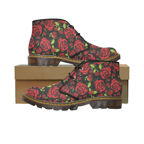Red Roses on Black Men's Canvas Chukka Boots (Model 2402-1)