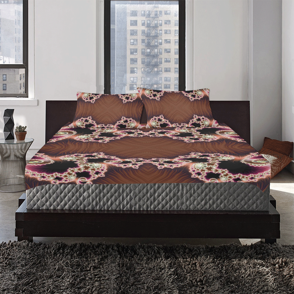 Copper and Pink Hearts Lace Fractal Abstract 3-Piece Bedding Set