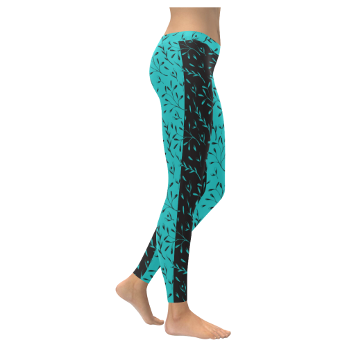 Two-tone Turquoise Black Botanical Floral Women's Low Rise Leggings (Invisible Stitch) (Model L05)
