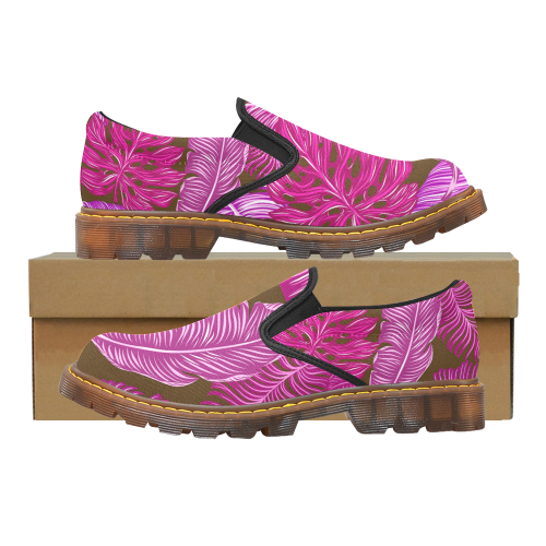 tropical pink leaves Martin Women's Slip-On Loafer/Large Size (Model 12031)