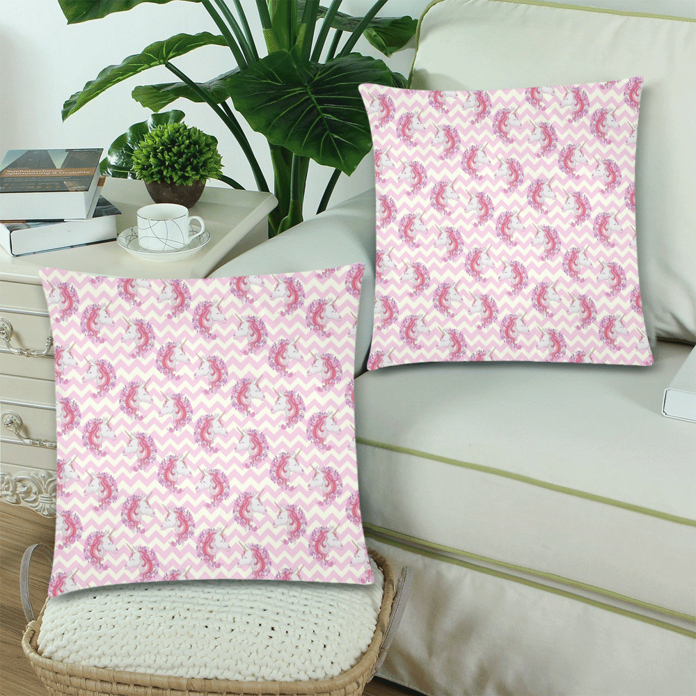 Pink Zigzag Unicorn Custom Zippered Pillow Cases 18"x 18" (Twin Sides) (Set of 2)
