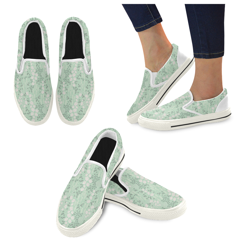 Mint Floral Pattern Slip-on Canvas Shoes for Kid (Model 019)