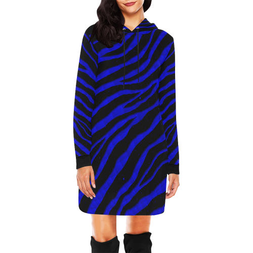 Ripped SpaceTime Stripes - Blue All Over Print Hoodie Mini Dress (Model H27)