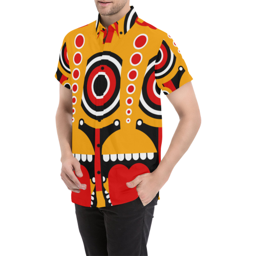 Red Yellow Tiki Tribal Men's All Over Print Short Sleeve Shirt (Model T53)