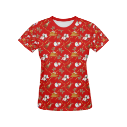 Christmas Gingerbread, Snowman, Reindeer and Santa Claus Red All Over Print T-shirt for Women/Large Size (USA Size) (Model T40)