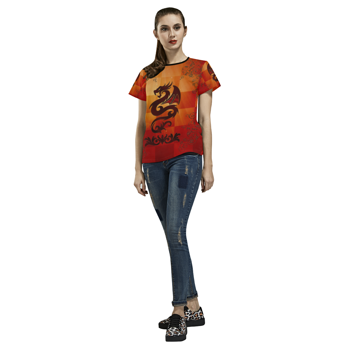 Tribal dragon  on vintage background All Over Print T-shirt for Women/Large Size (USA Size) (Model T40)
