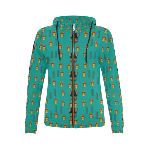 Happy rabbits in the green free grass All Over Print Full Zip Hoodie for Women (Model H14)