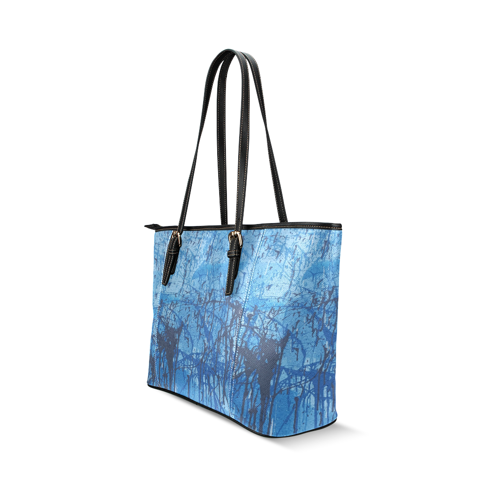Blue splatters Leather Tote Bag/Large (Model 1640)