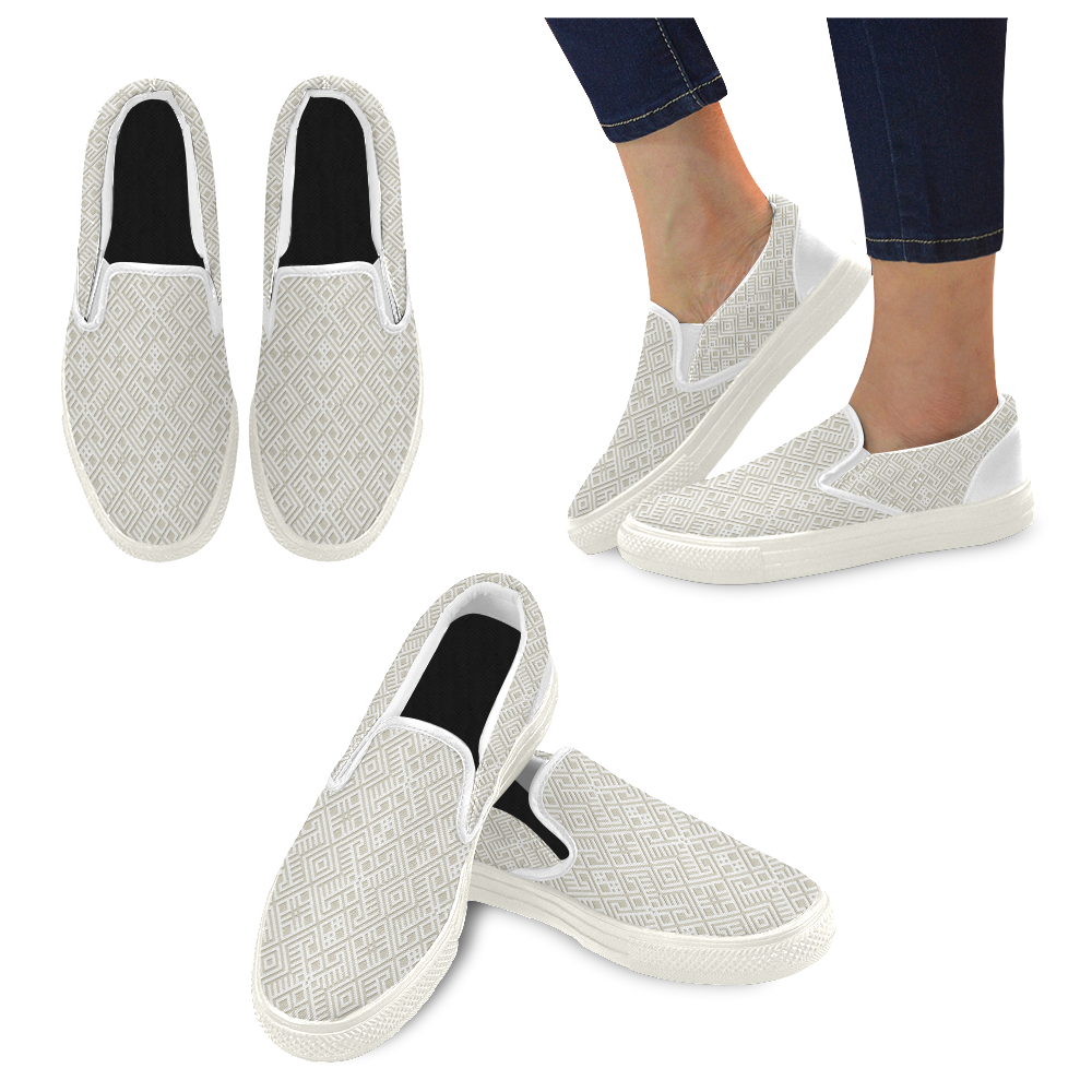 White 3D Geometric Pattern Women's Unusual Slip-on Canvas Shoes (Model 019)