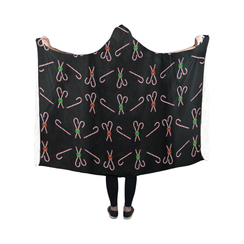 Christmas Candy Canes with Bows Black Hooded Blanket 50''x40''