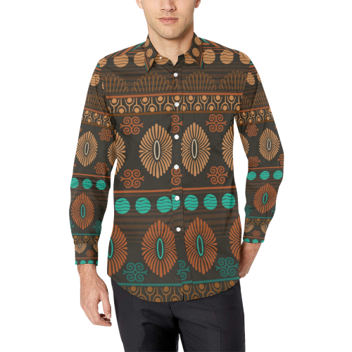 Ethnic Bohemian Brown, Orange, and Teal Men's All Over Print Casual Dress Shirt (Model T61)
