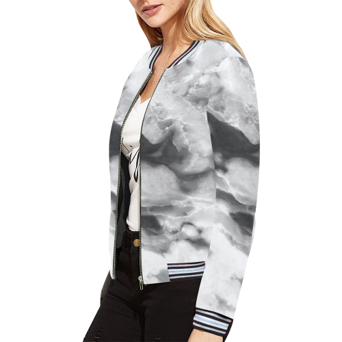Marble Black and White Pattern All Over Print Bomber Jacket for Women (Model H21)