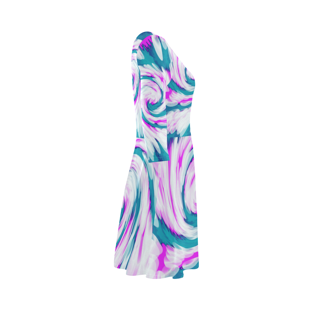 Turquoise Pink Tie Dye Swirl Abstract 3/4 Sleeve Sundress (D23)