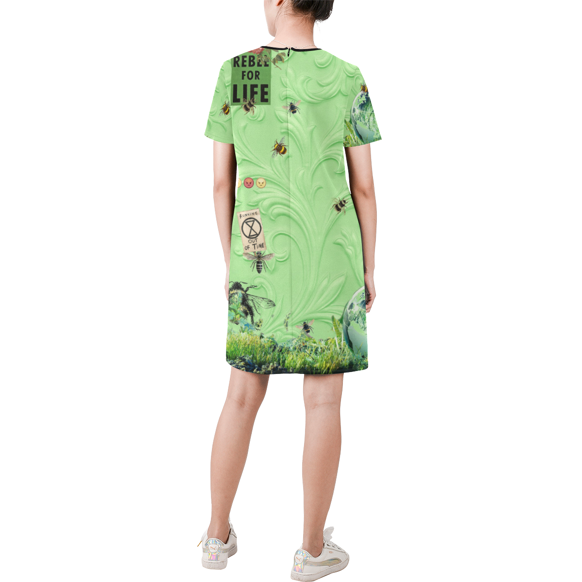 Running Out of Time Short-Sleeve Round Neck A-Line Dress (Model D47)