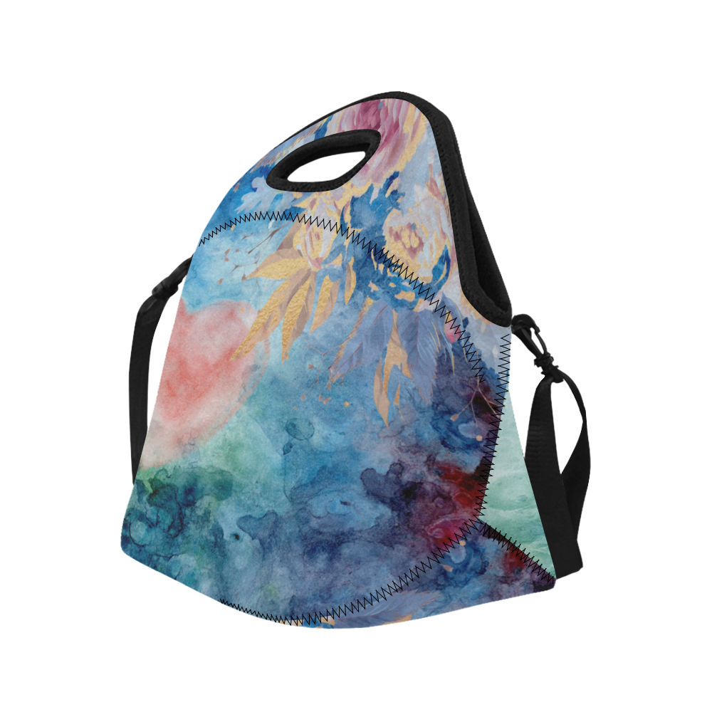 Heart and Flowers - Pink and Blue Neoprene Lunch Bag/Large (Model 1669)