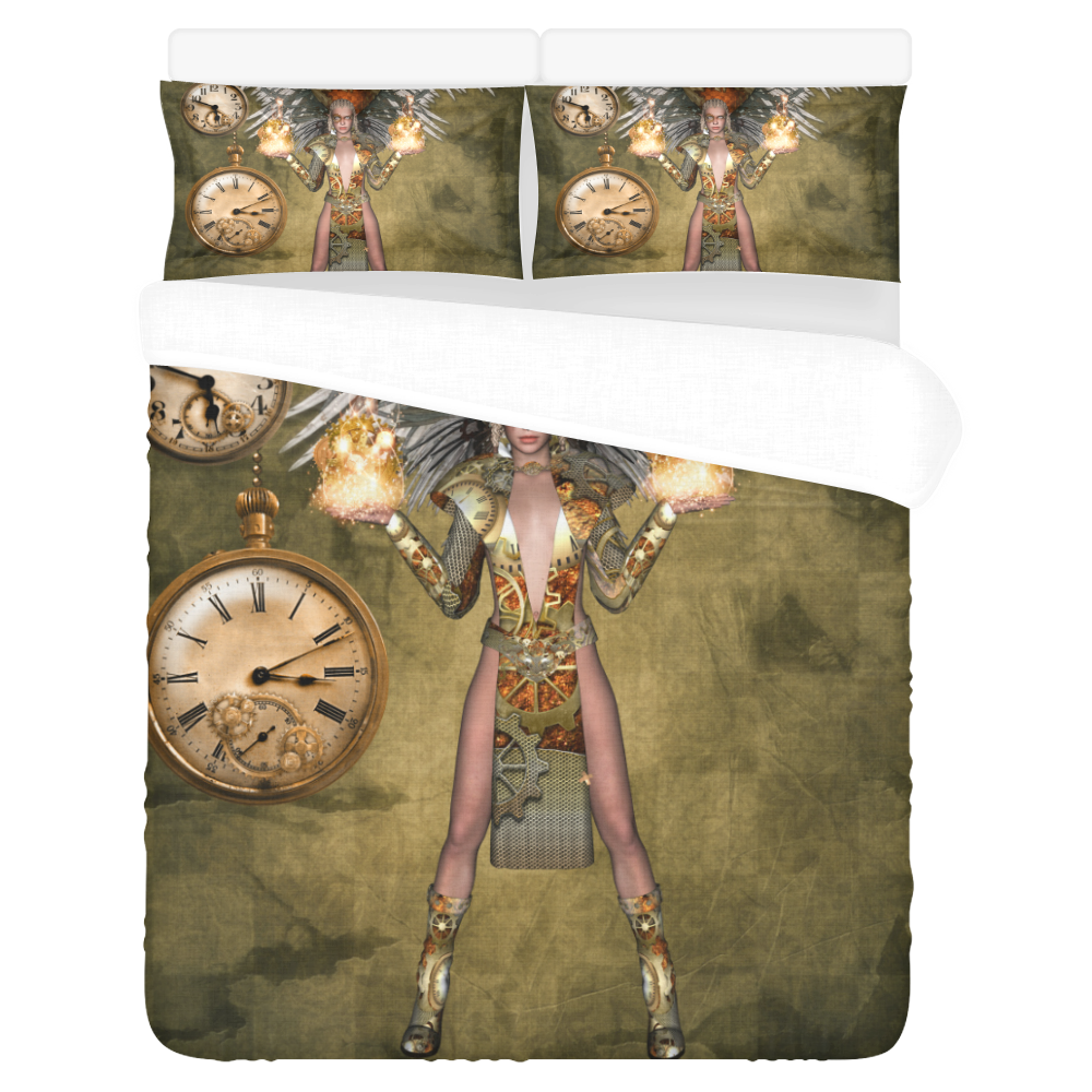Steampunk lady with clocks and gears 3-Piece Bedding Set
