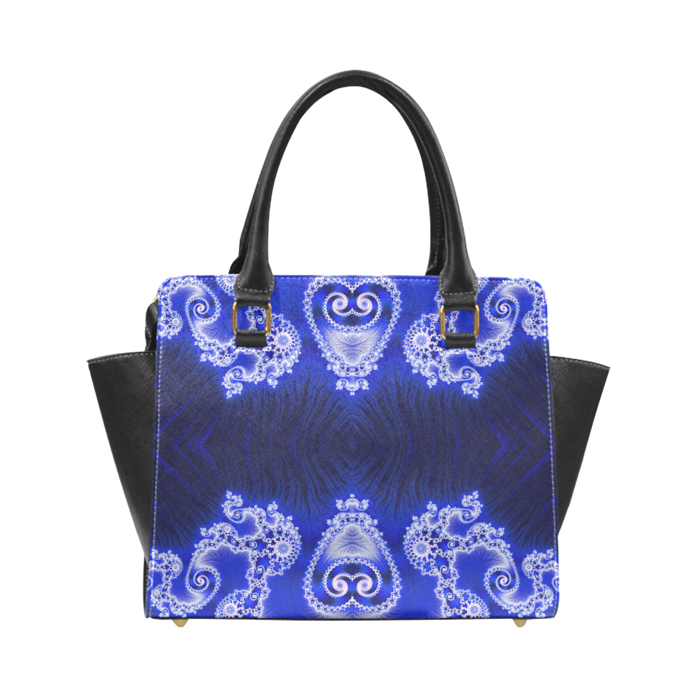 Blue and White Hearts  Lace Fractal Abstract Rivet Shoulder Handbag (Model 1645)