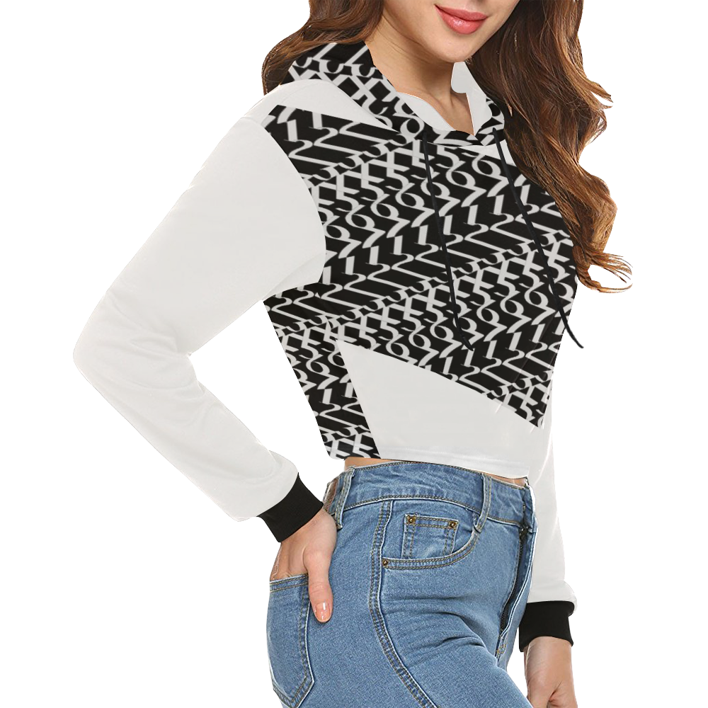 NUMBERS Collection 1234567 White/Black Flag All Over Print Crop Hoodie for Women (Model H22)