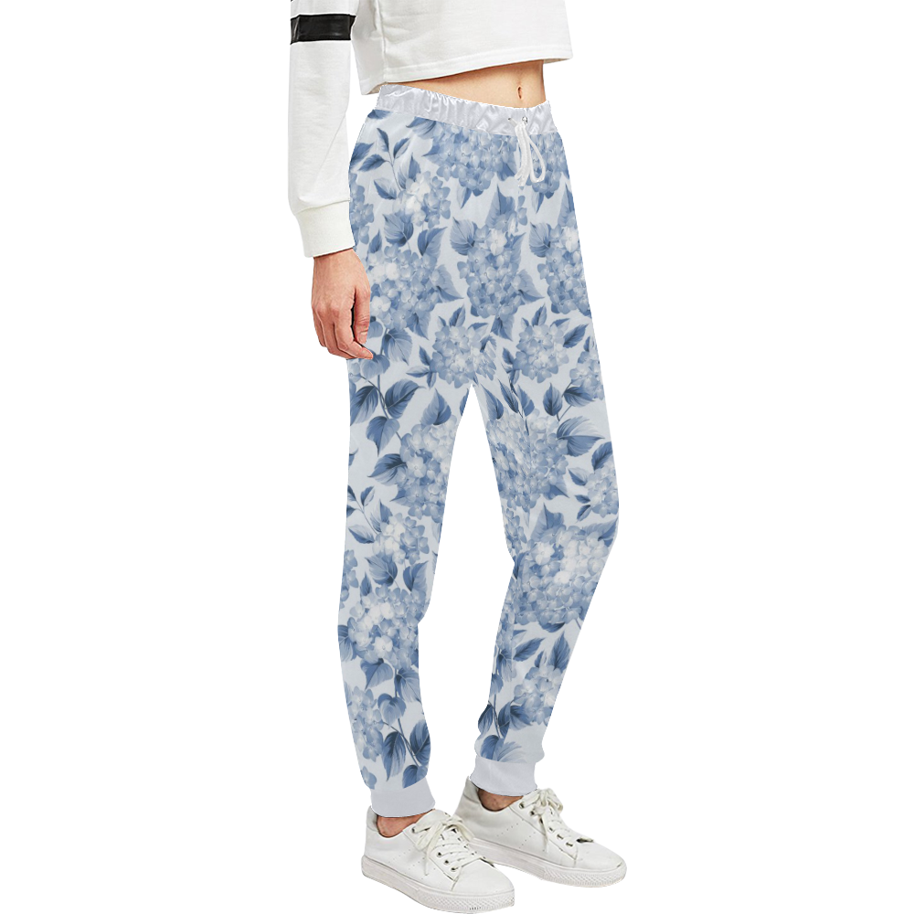 Blue and White Floral Pattern Unisex All Over Print Sweatpants (Model L11)