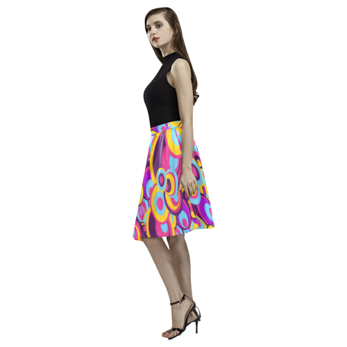 Retro Circles Groovy Violet, Yellow, Blue Colors Melete Pleated Midi Skirt (Model D15)