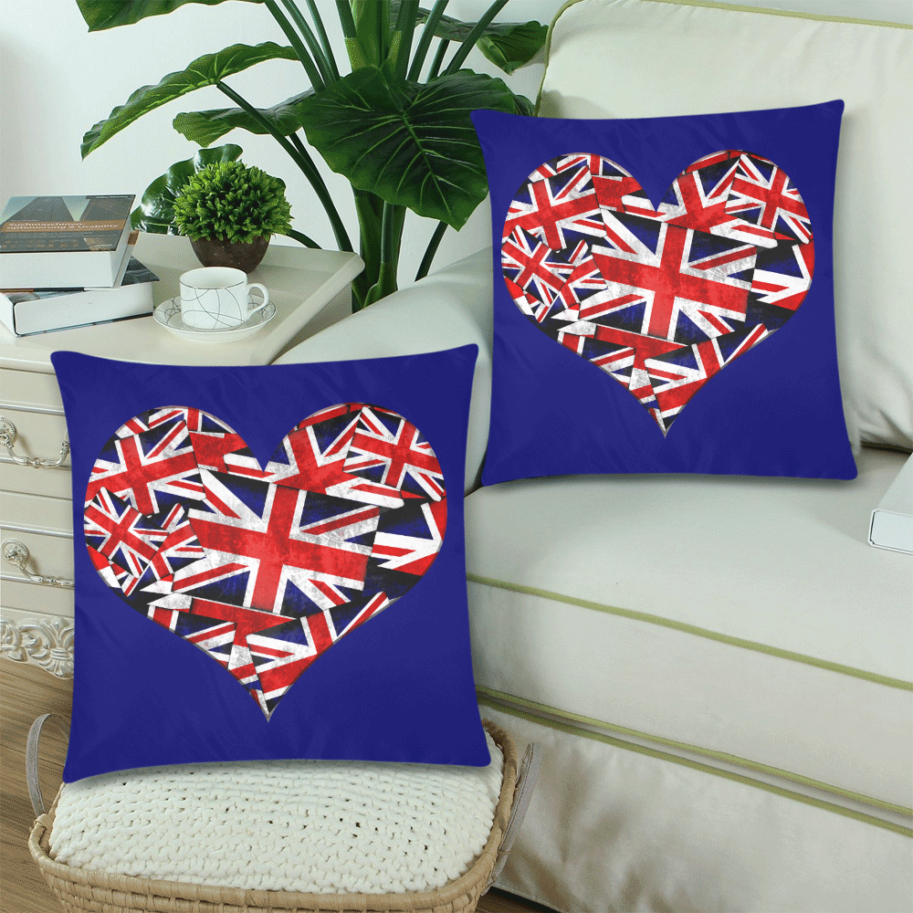 Union Jack British UK Flag Heart Blue Custom Zippered Pillow Cases 18"x 18" (Twin Sides) (Set of 2)