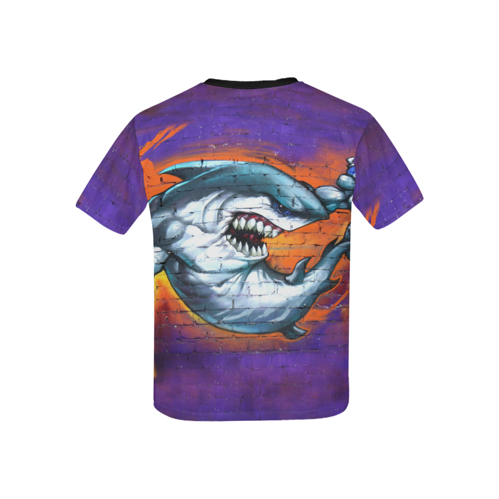 Graffiti Shark Kids' All Over Print T-Shirt with Solid Color Neck (Model T40)