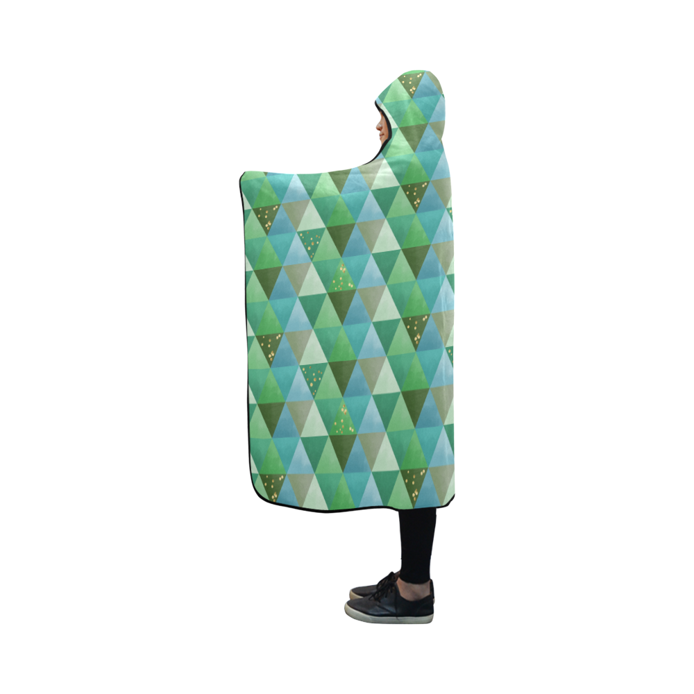 Triangle Pattern - Green Teal Khaki Moss Hooded Blanket 50''x40''