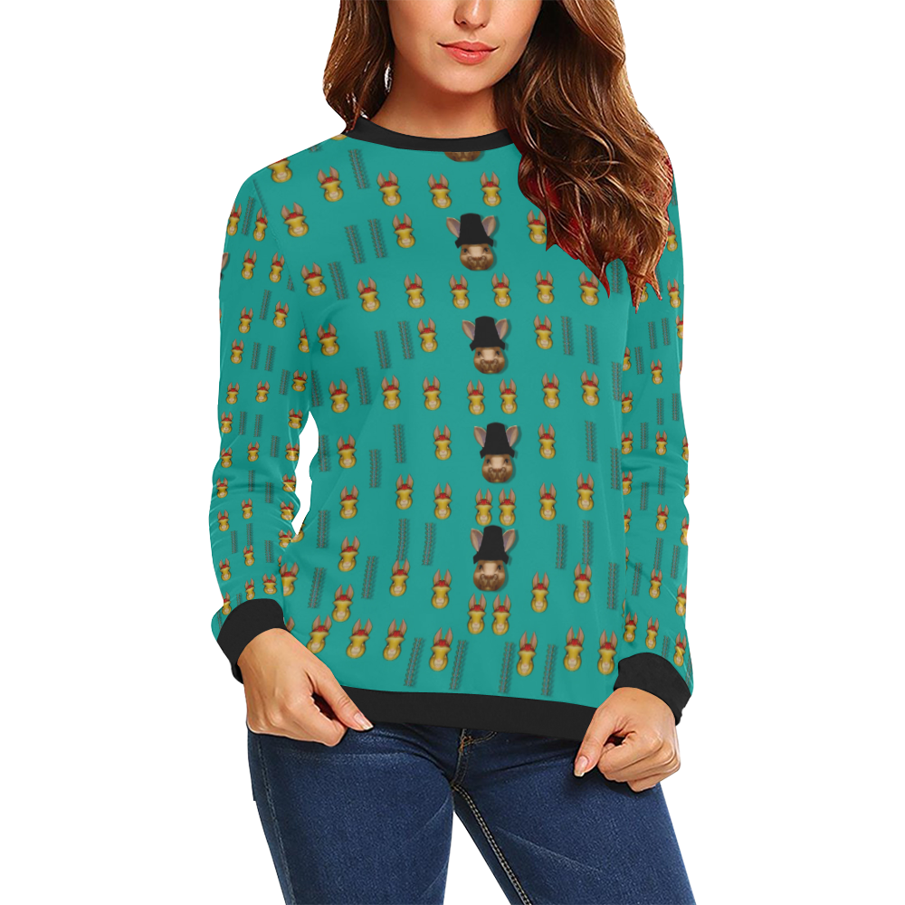 Happy rabbits in the green free grass All Over Print Crewneck Sweatshirt for Women (Model H18)
