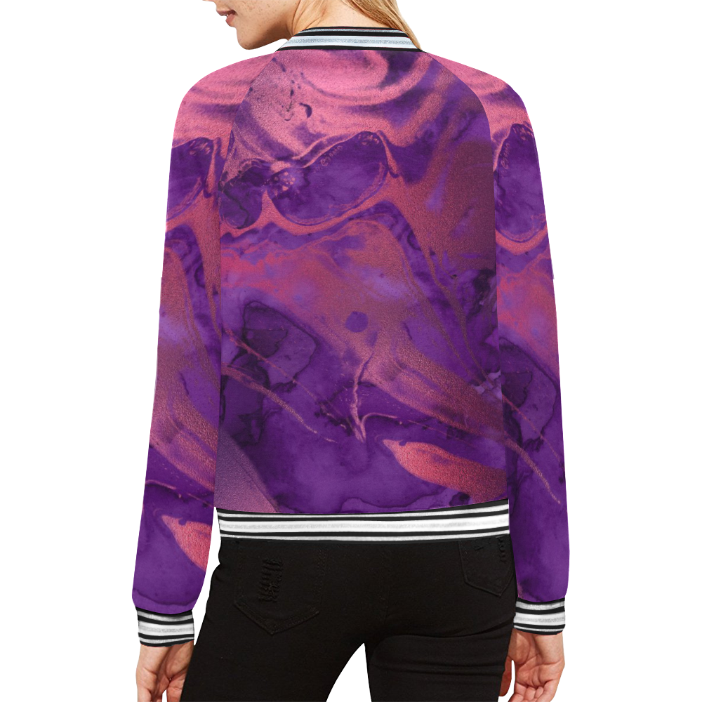 FD's Purple Marble Collection- Women's Purple Marble Bomer Jacket 53086 All Over Print Bomber Jacket for Women (Model H21)