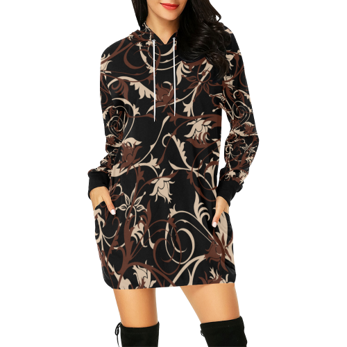 plants and flowers black All Over Print Hoodie Mini Dress (Model H27)